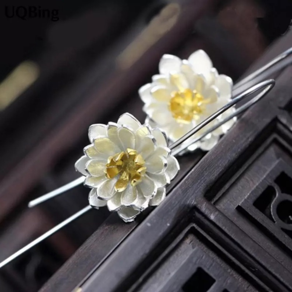Japanese Lotus Oriental Silver/Gold Floral Earring - Picture 2 of 7